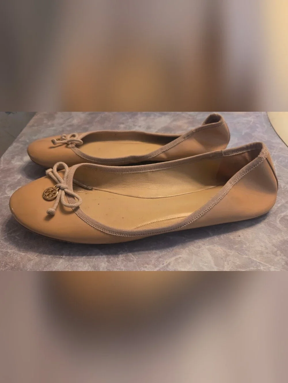Tory Burch Nude Patent Ballet Flats with Logo Charm